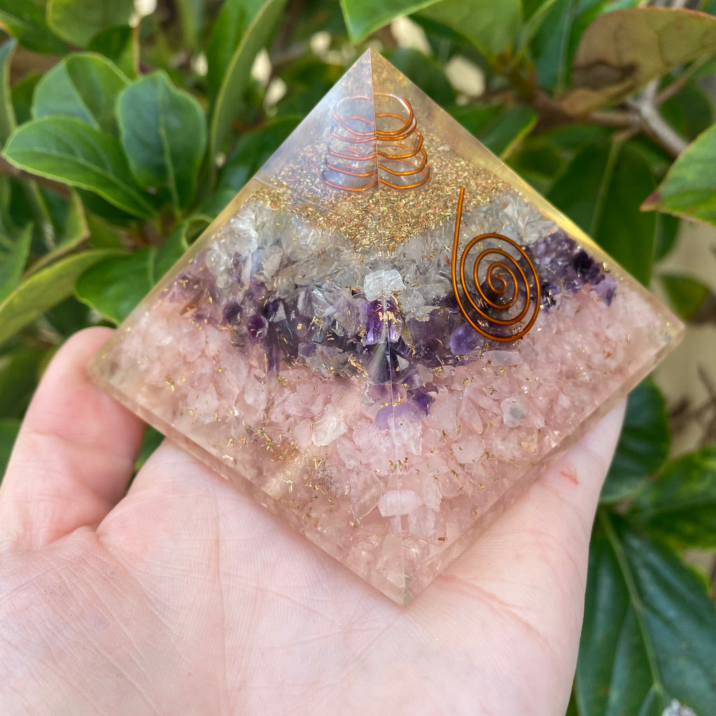 Orgonite Rose, Amethyst & Quartz Pyramid