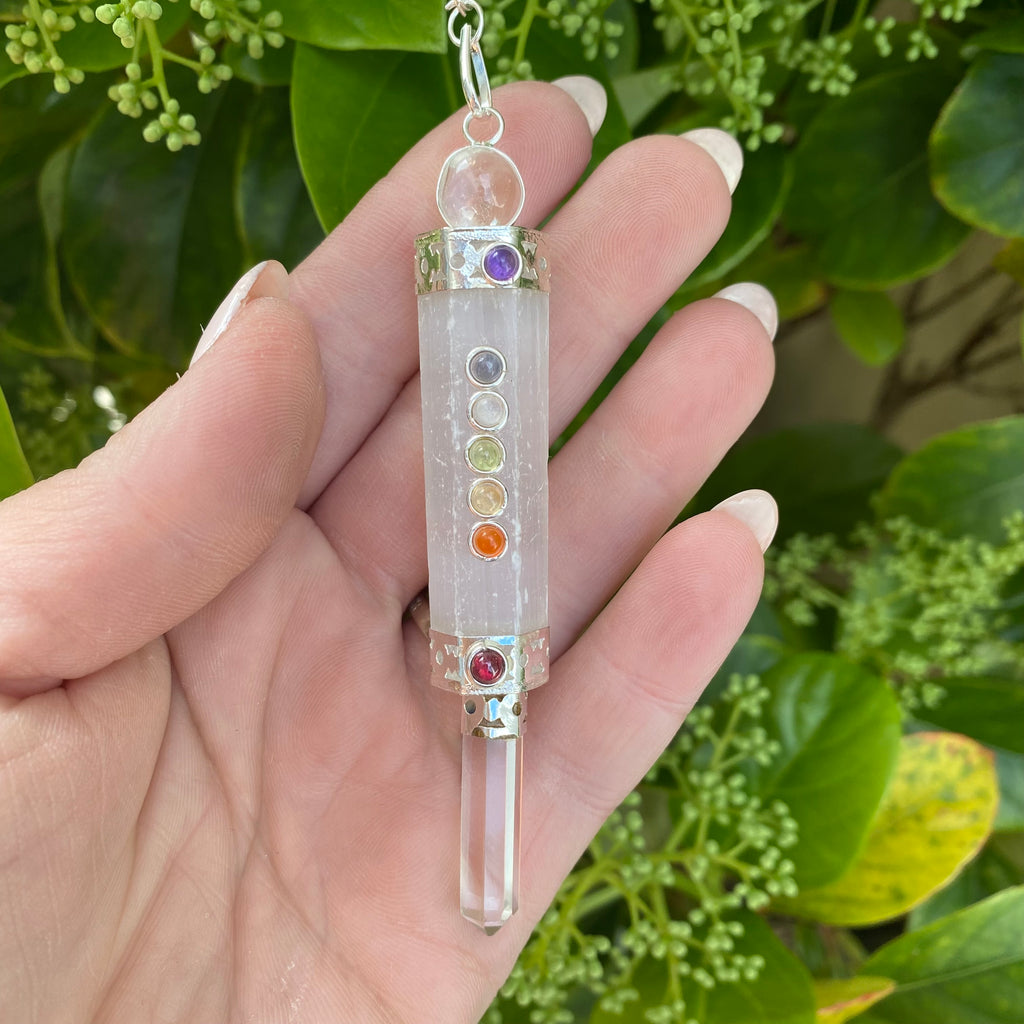 Selenite Pendulum with Quartz Point