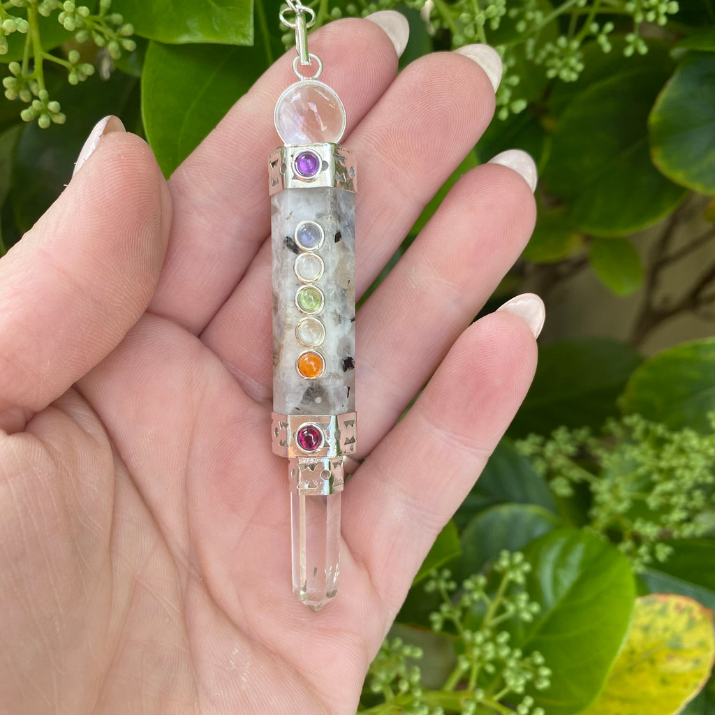 Moonstone Pendulum with Quartz Point